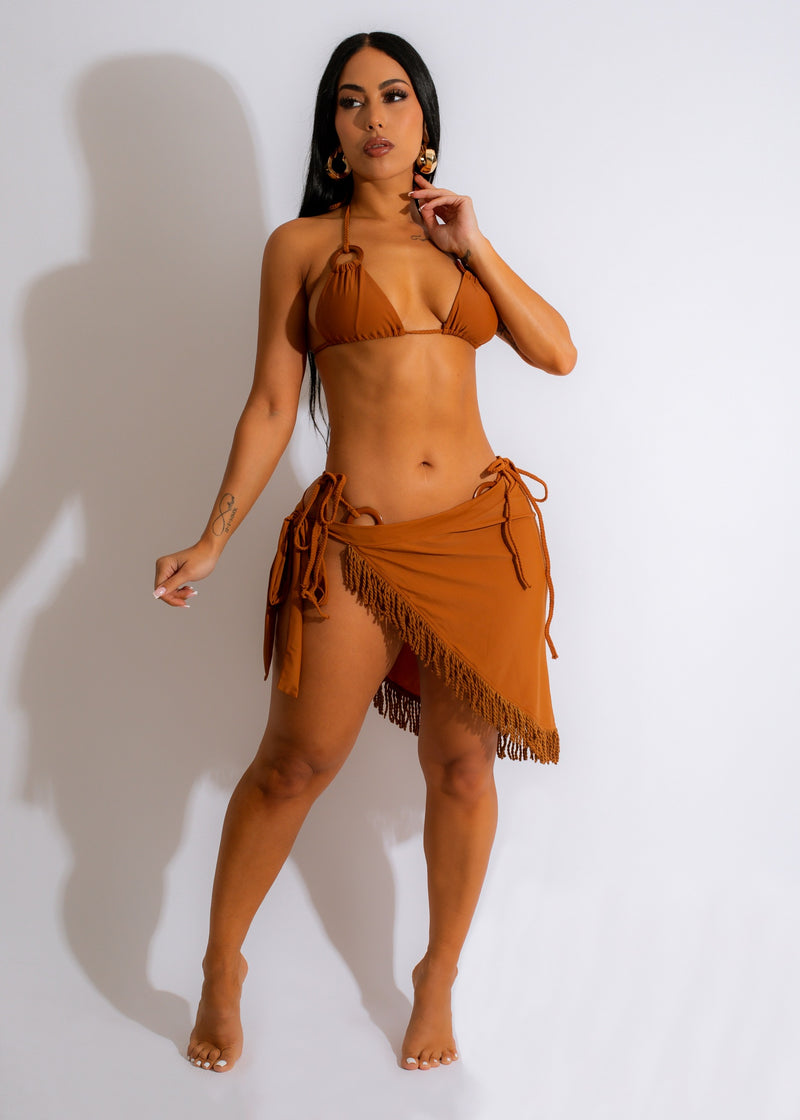 Brown beach cover up with a shiny, metallic sheen, perfect for lounging in the sun
