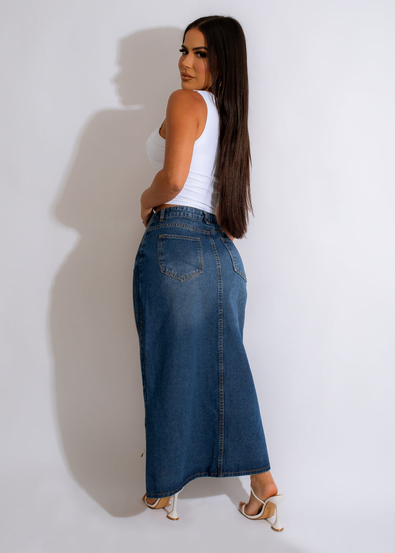 A-line, knee-length denim skirt with frayed edges and belt loops