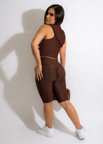  Side view of the Fitness Diva Ribbed Biker Short Brown, highlighting the stylish brown color and the flattering biker short design, perfect for active lifestyles