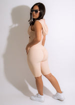 Side view of the Fitness Diva Ribbed Biker Short Nude, showing the high waistband
