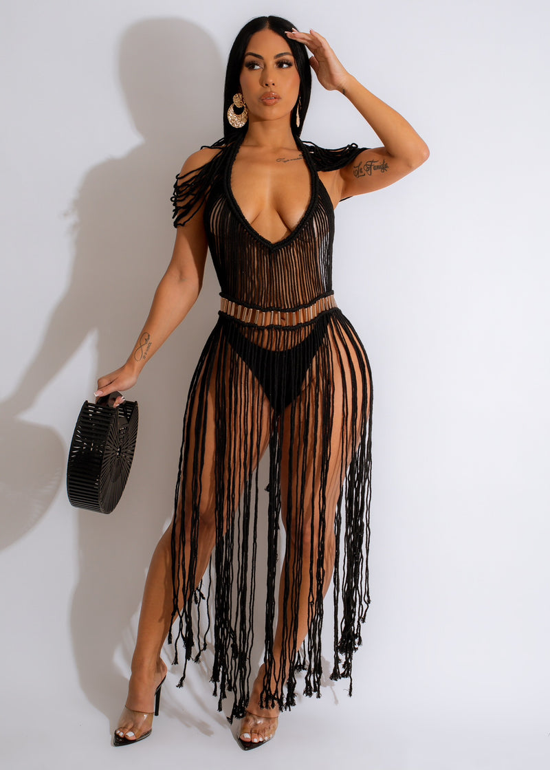 Beautiful black macrame cover up with intricate detailing and fringed hem
