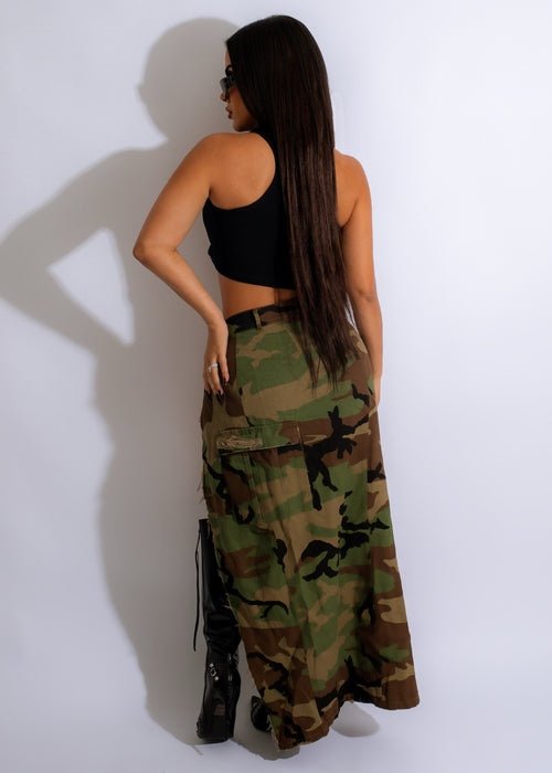 Close-up of the front of the Leave It To Me Camo Long Skirt