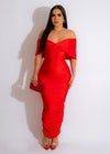 Beautiful red ruched maxi dress with flowy and flattering silhouette