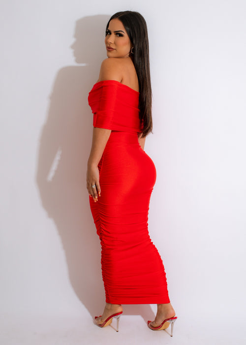  Stunning red maxi dress with ruched detailing, perfect for any occasion