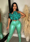 Shimmering emerald green metallic pants with a comfortable and stylish fit