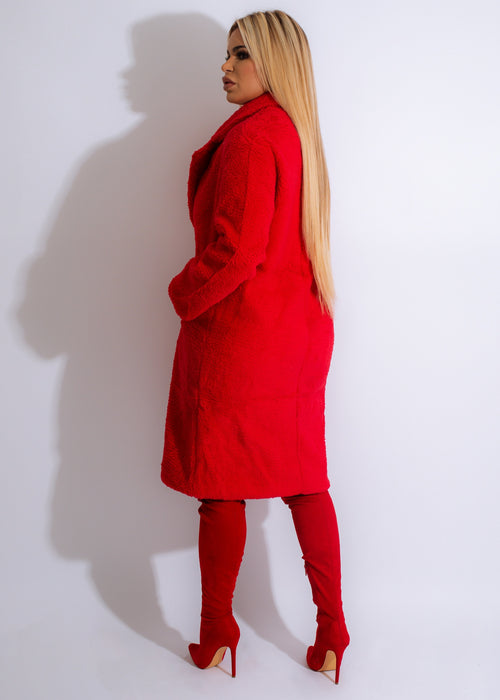  Gorgeous and vibrant red faux fur coat with a modern urban design perfect for adding a pop of color to any outfit