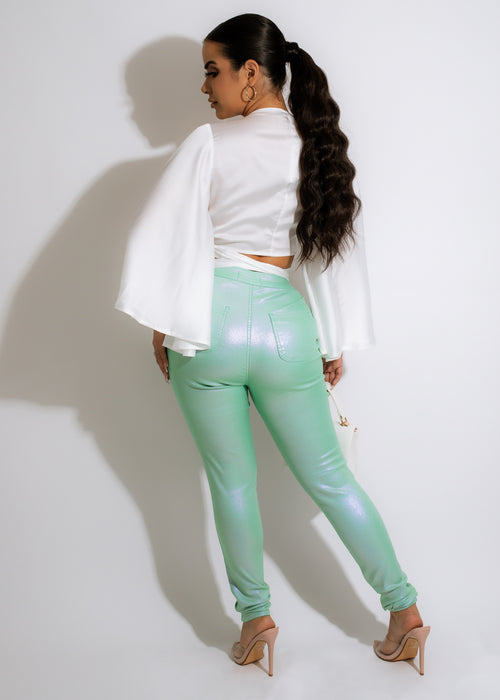 Stylish and sustainable metallic green pants from the Make A Change collection