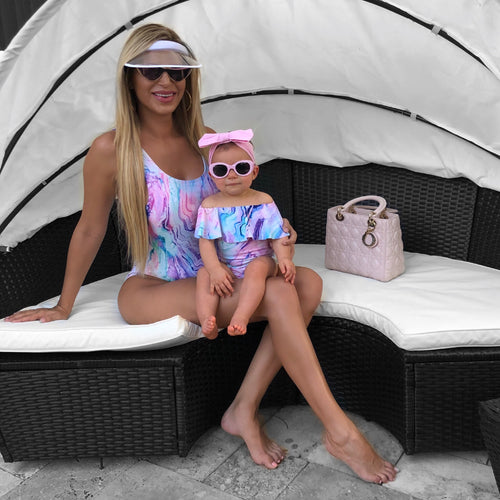 Child's Cotton Candy Off The Shoulder Bathing Suit with Pastel Pink and Blue Stripes and Ruffle Accents