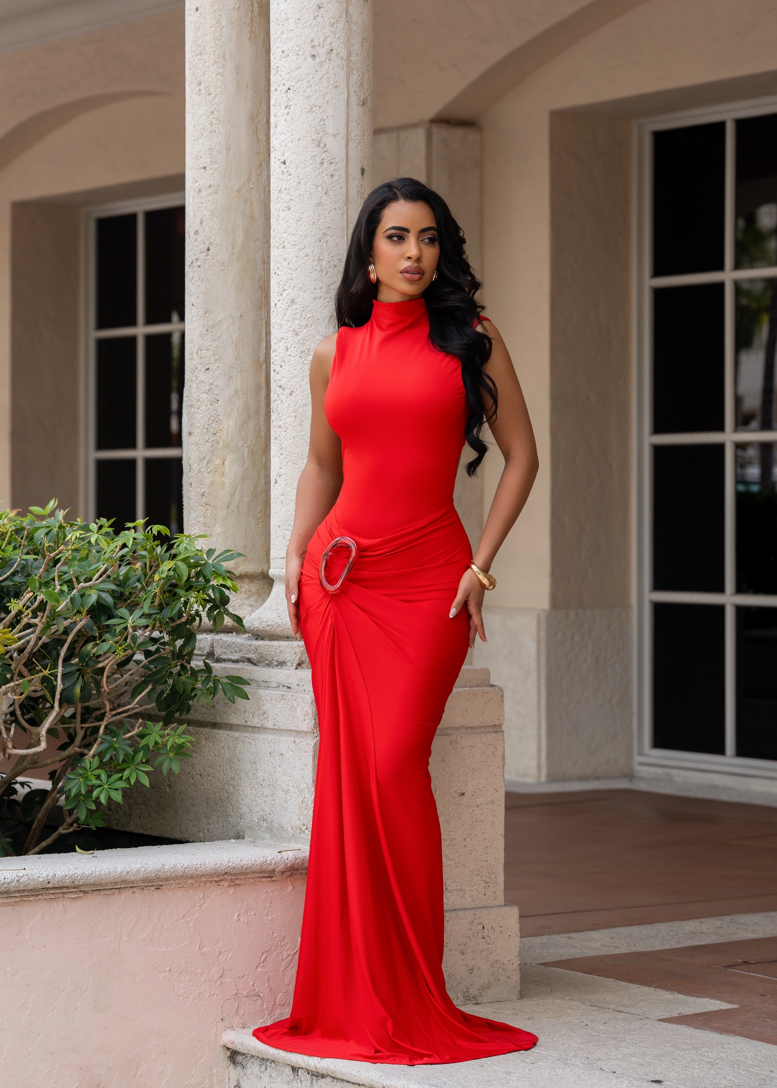 Midnight Trace Ruched Maxi Dress Red
