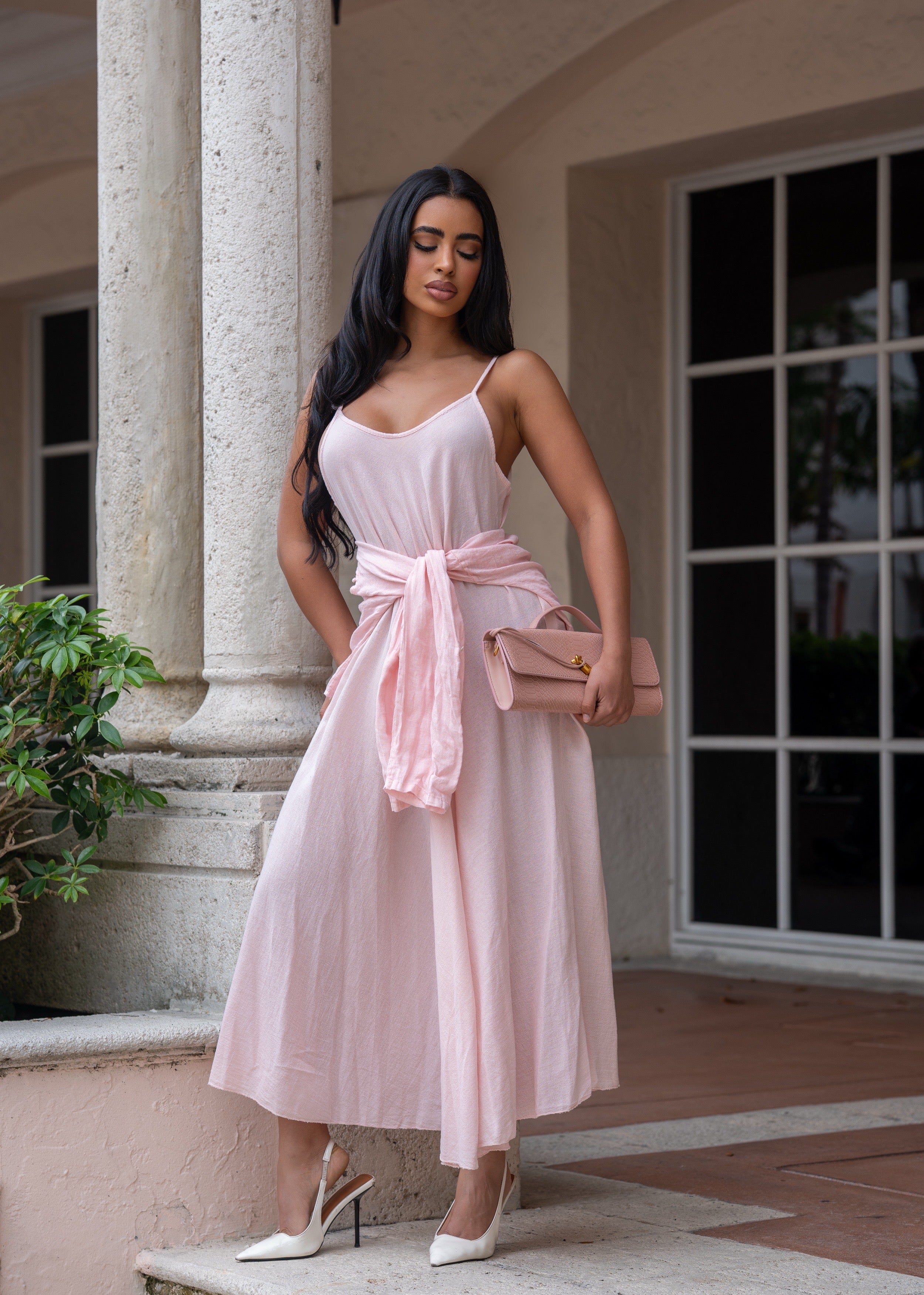 Breezy Aura Linen Maxi Dress Pink