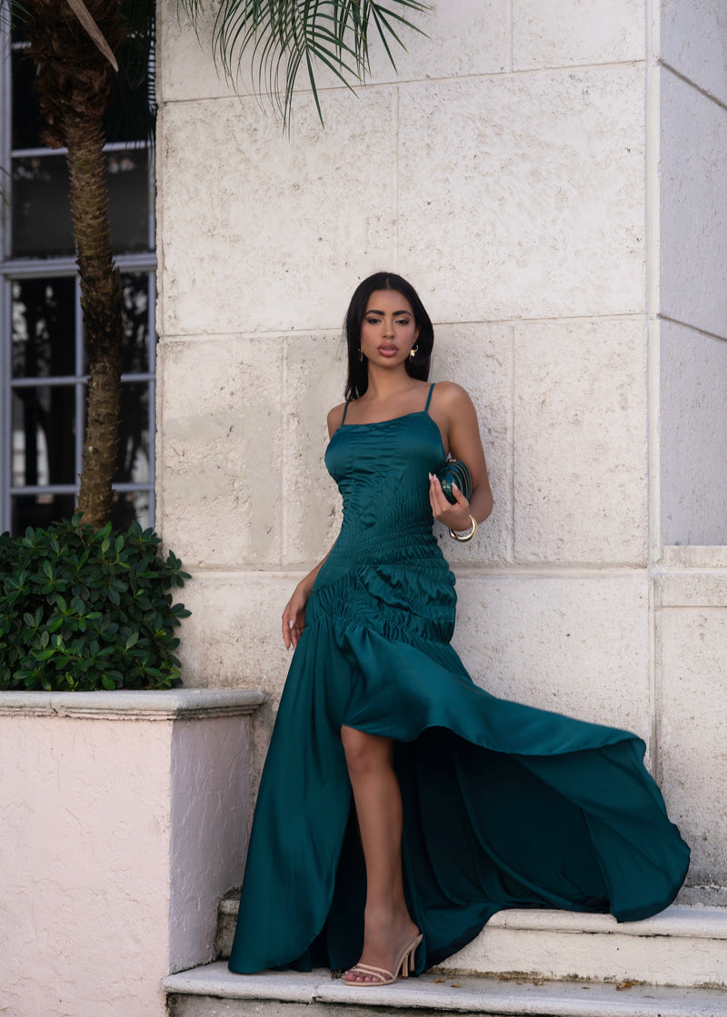 Hidden Flame Ruched Satin Maxi Dress Green