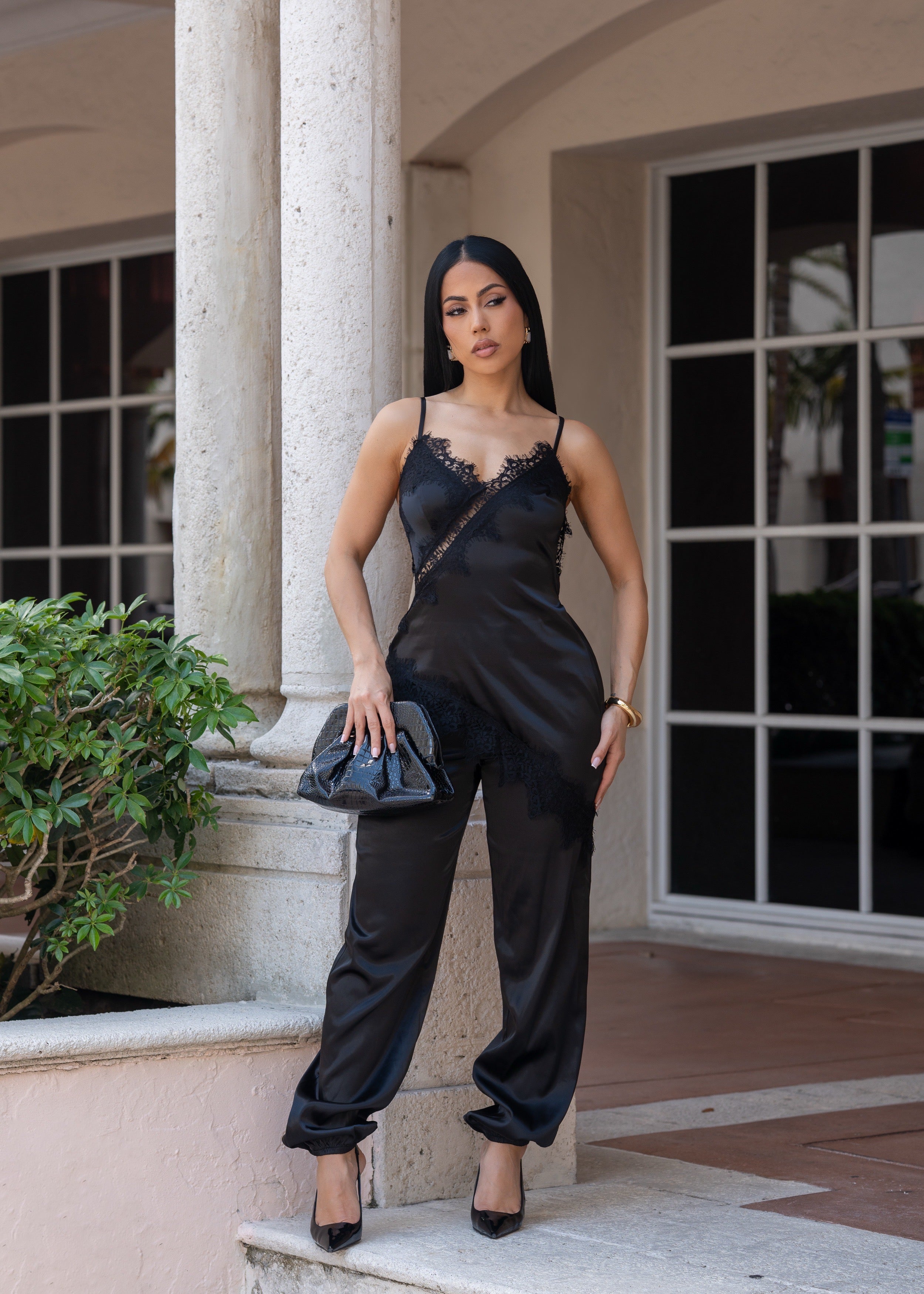 Intimate Lace Satin Obsession Jumpsuit Black