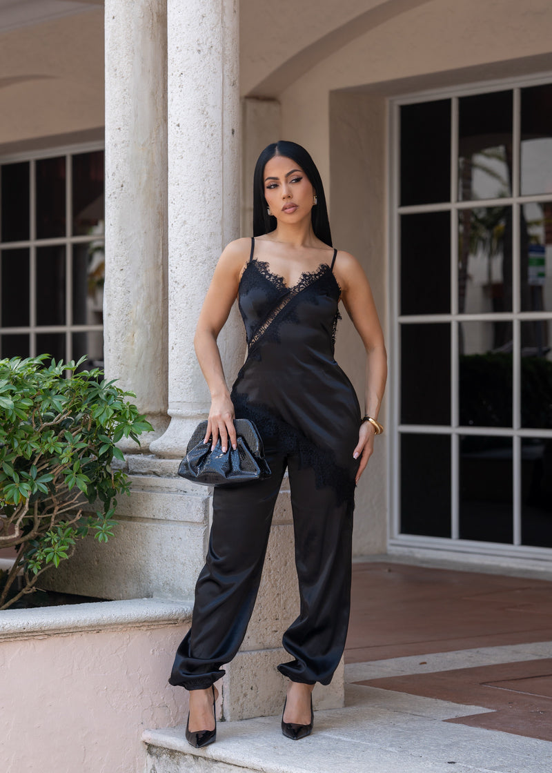 Intimate Lace Satin Obsession Jumpsuit Black