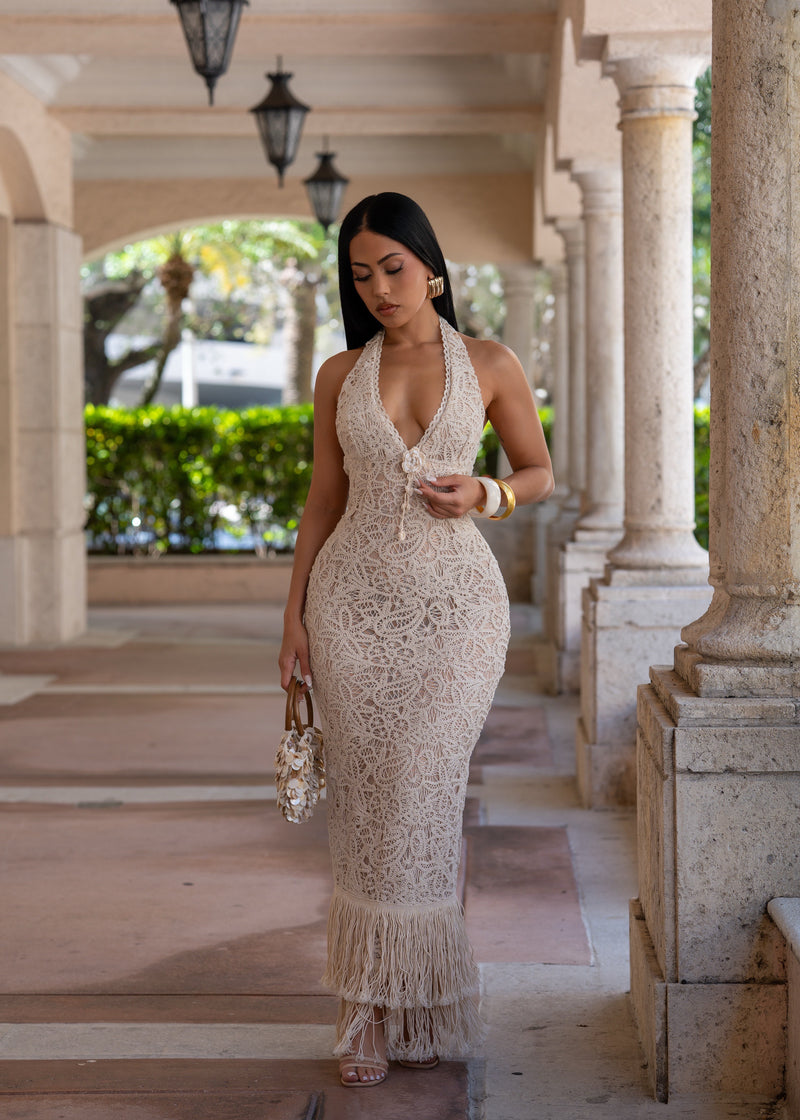Forbidden Muse Crochet Maxi Dress Nude