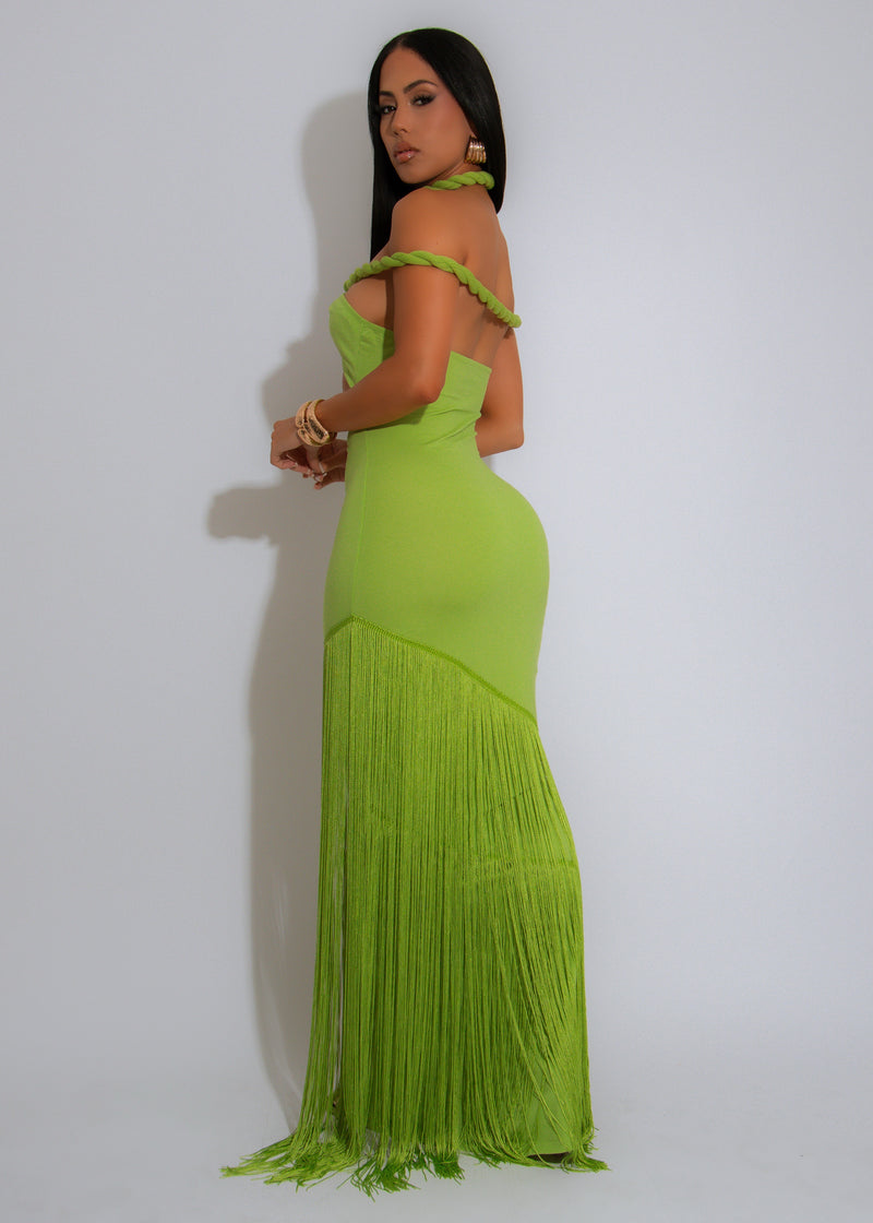 Coastal Rhythm Fringes Maxi Dress Green
