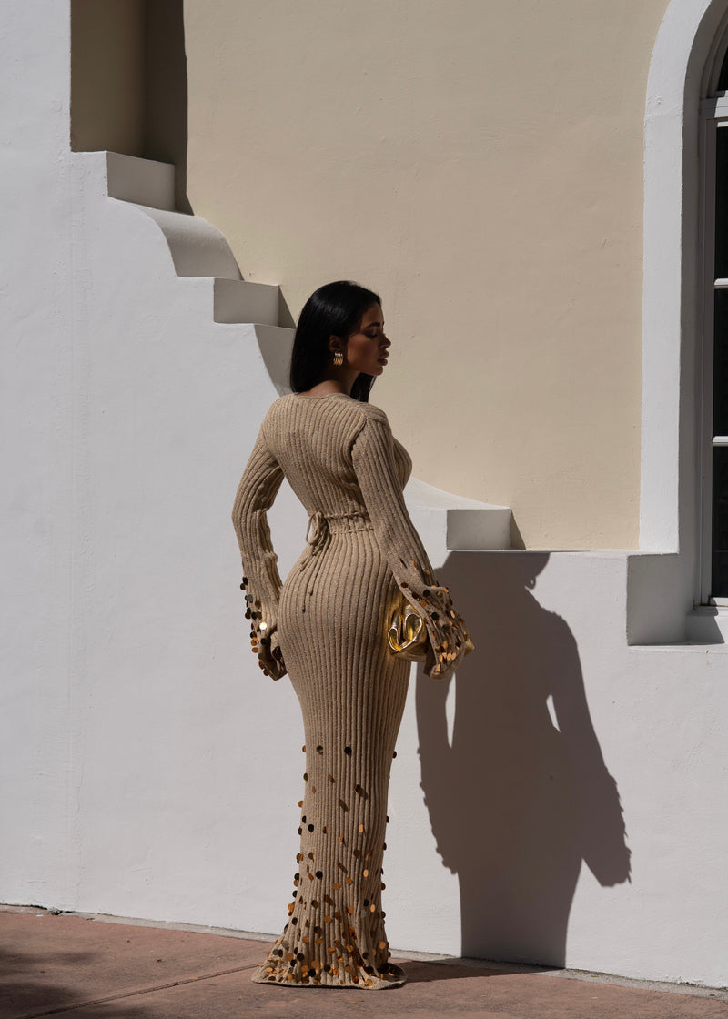 Solstice Glow Knit Sequin Maxi Dress Gold