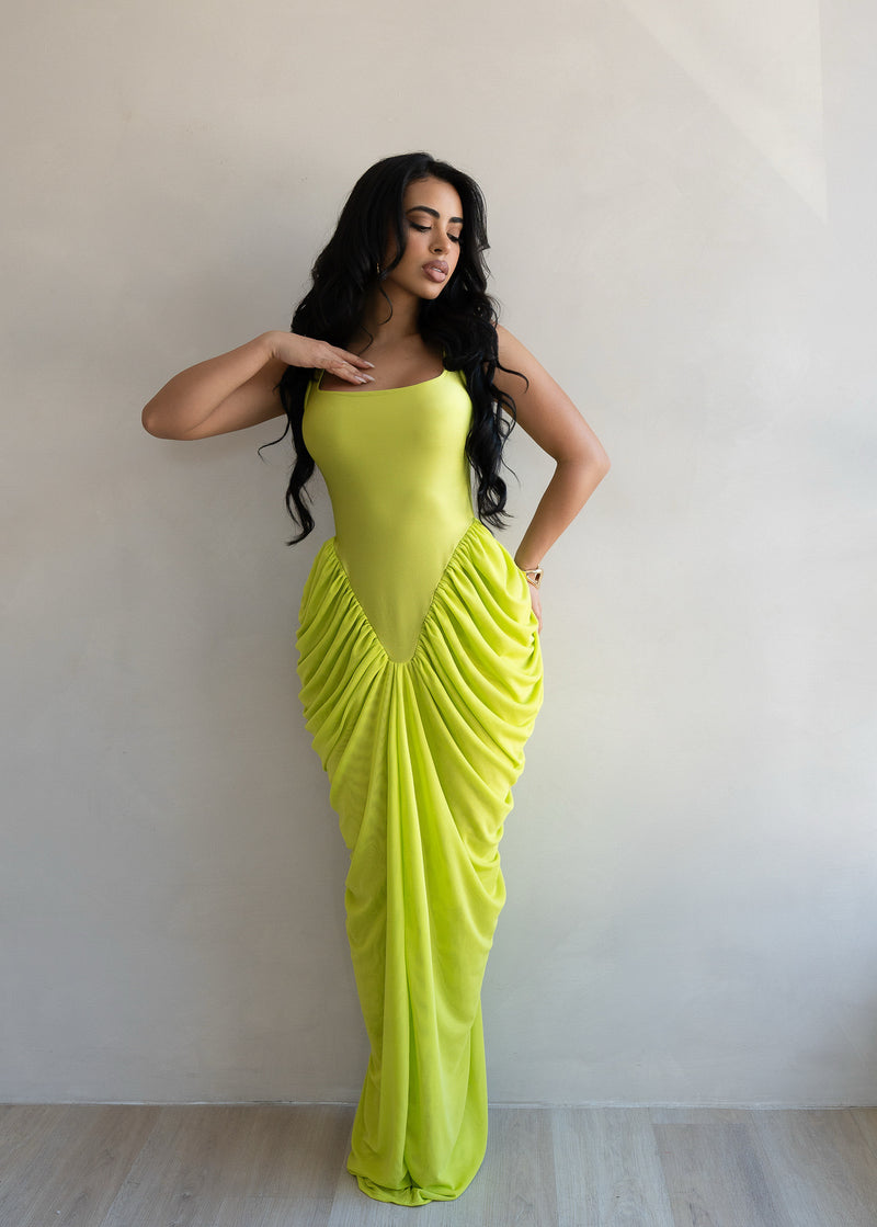 Code of Obsession Ruched Mesh Maxi Dress Green