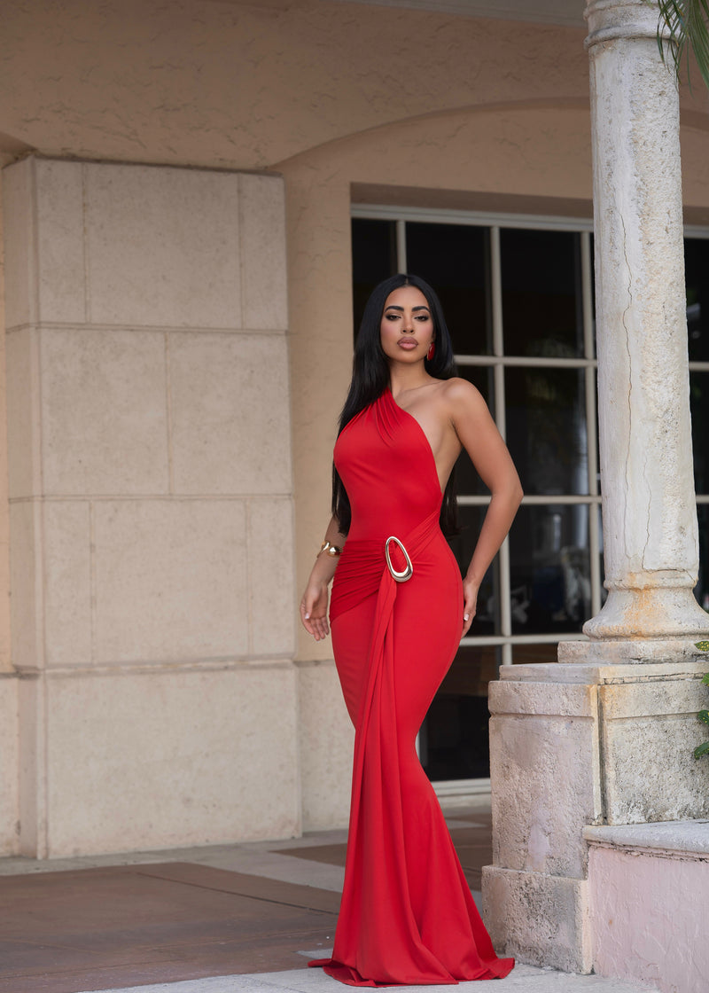 Angelic Twist Ruched Maxi Dress Red