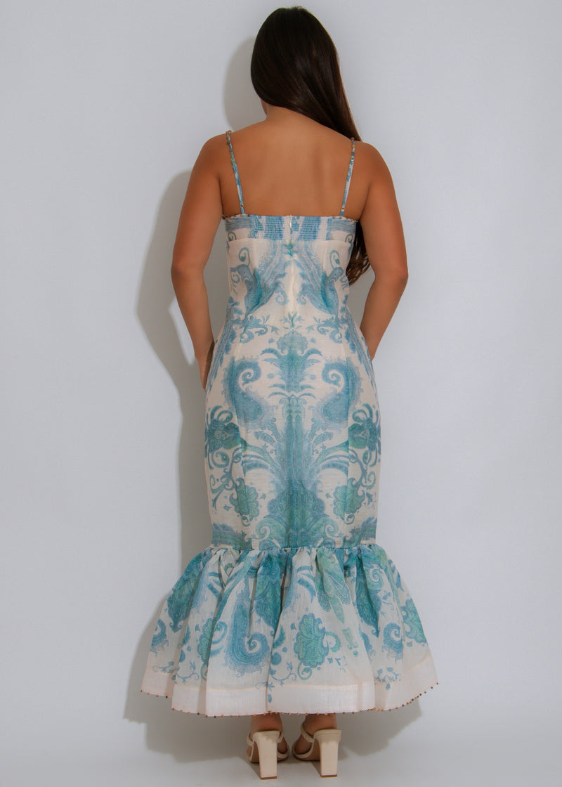 Baroque Bloom Floral Ruched Maxi Dress Blue