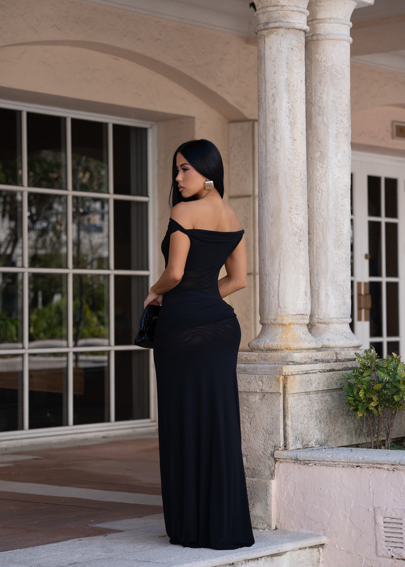 After Dusk Gown Mesh Ruched Maxi Dress Black
