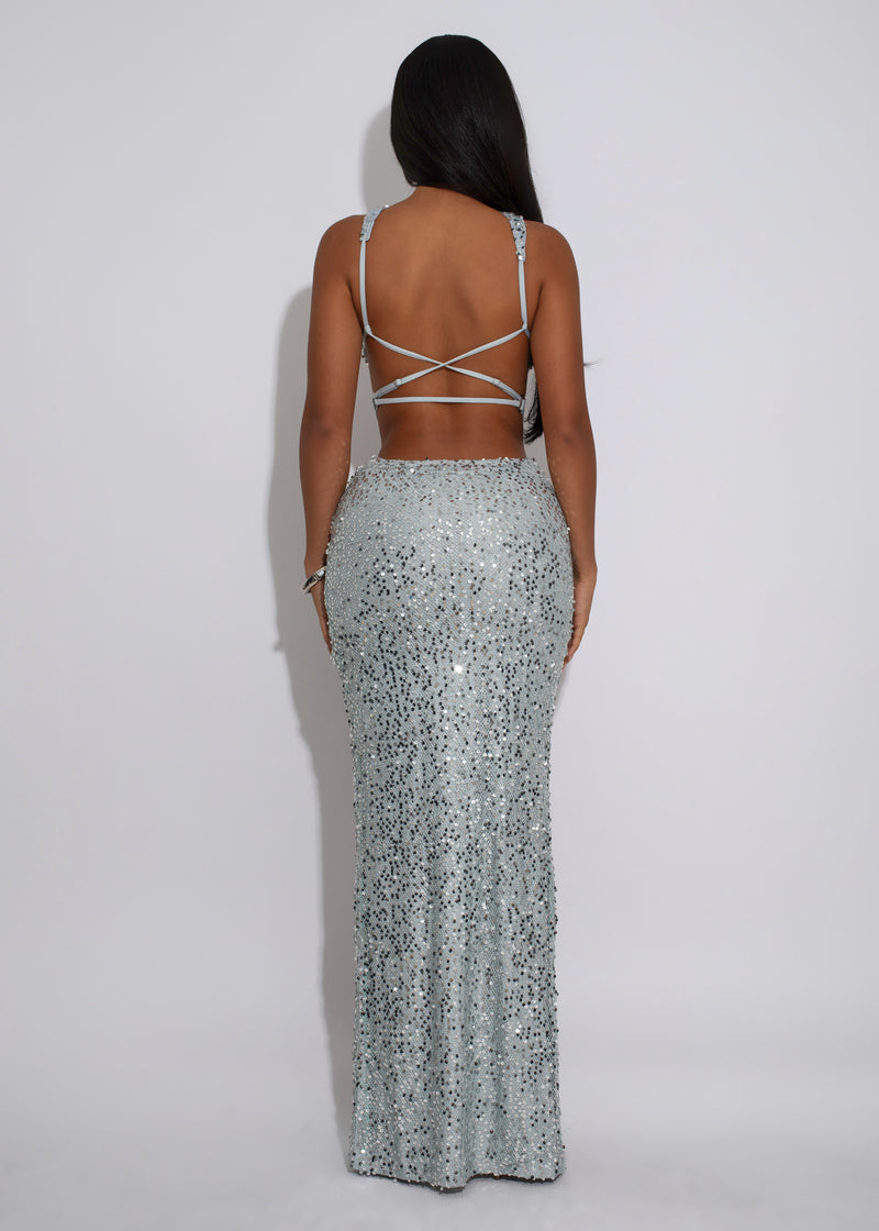 Afterglow Siren Ruched Sequin Maxi Dress Silver