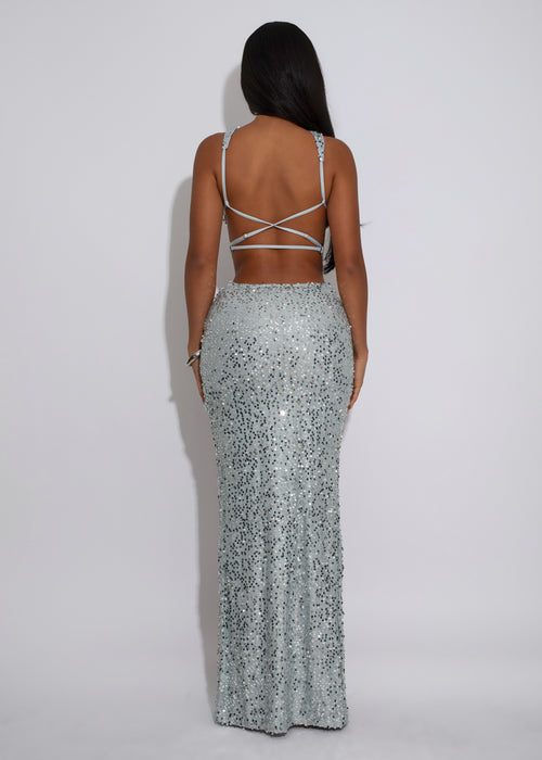 Afterglow Siren Ruched Sequin Maxi Dress Silver