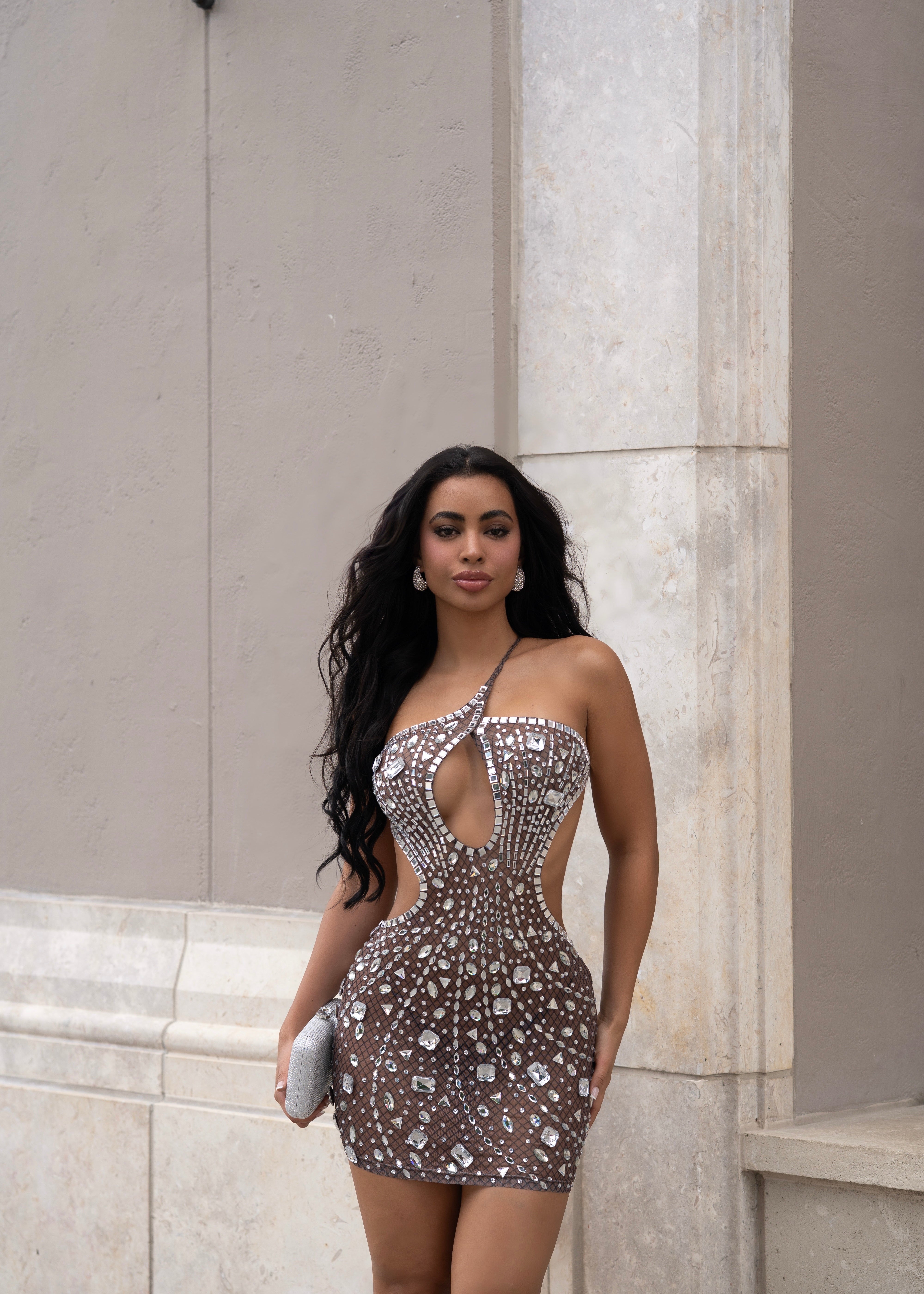 Shattered Halo Rhinestone Mesh Mini Dress Nude