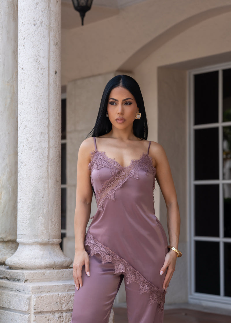 Intimate Lace Satin Obsession Jumpsuit Brown