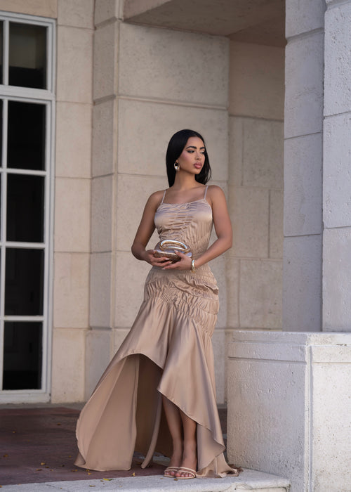 Hidden Flame Ruched Satin Maxi Dress Gold