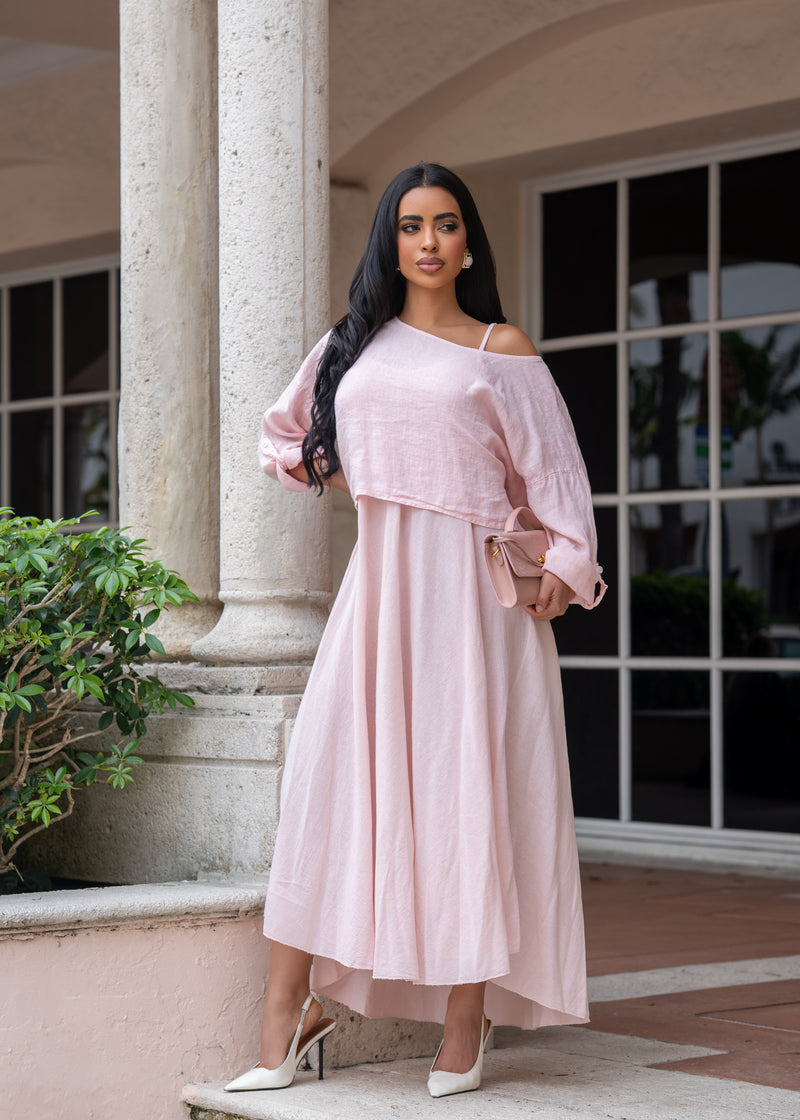 Breezy Aura Linen Maxi Dress Pink