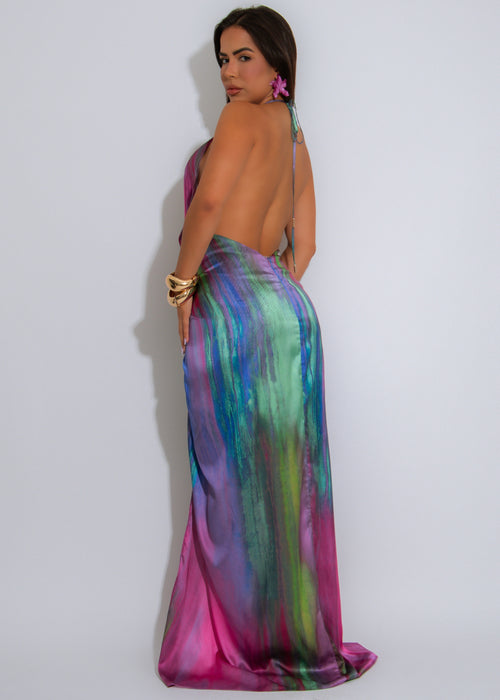 Cosmic Drape Satin Ruched Maxi Dress Purple