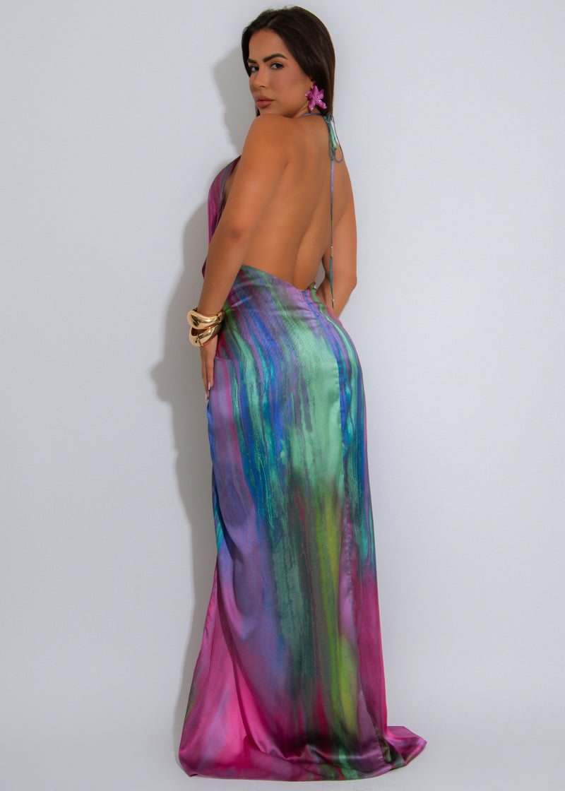 Cosmic Drape Satin Ruched Maxi Dress Purple