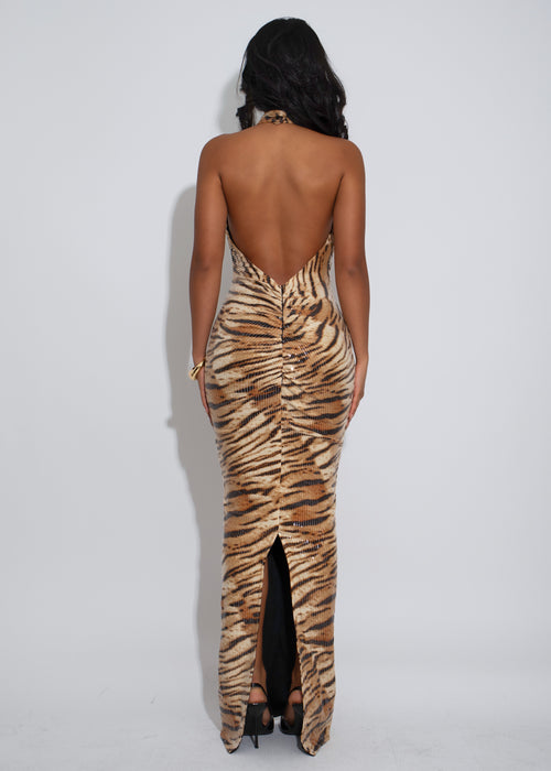 Serengeti Glam Tiger Ruched Sequin Maxi Dress Nude