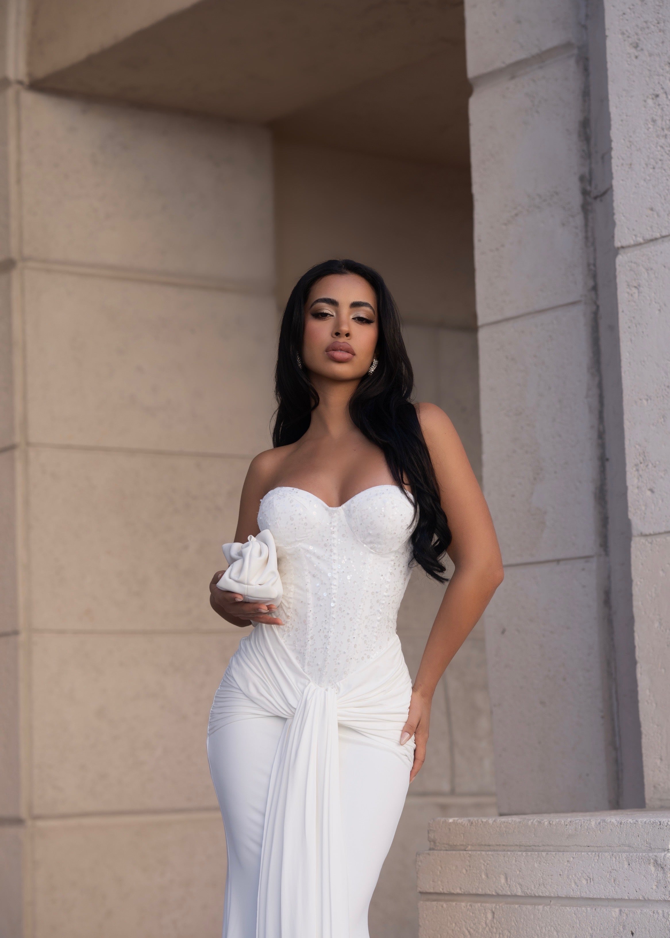 Divine Rupture Sequin Ruched Maxi Dress White