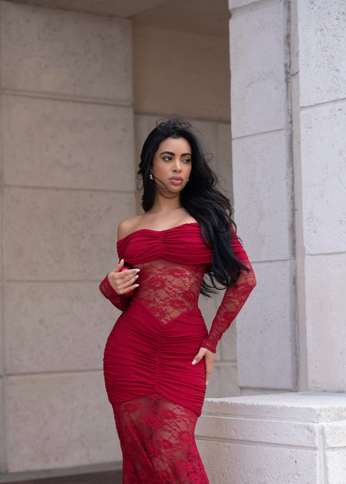 Morphe Essence Lace Ruched Maxi Dress Red