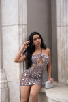 Shattered Halo Rhinestone Mesh Mini Dress Nude