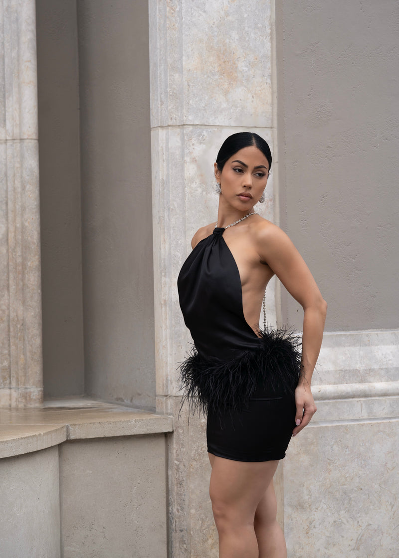 Moonlit Reverie Satin Rhinestone Mini Dress Black