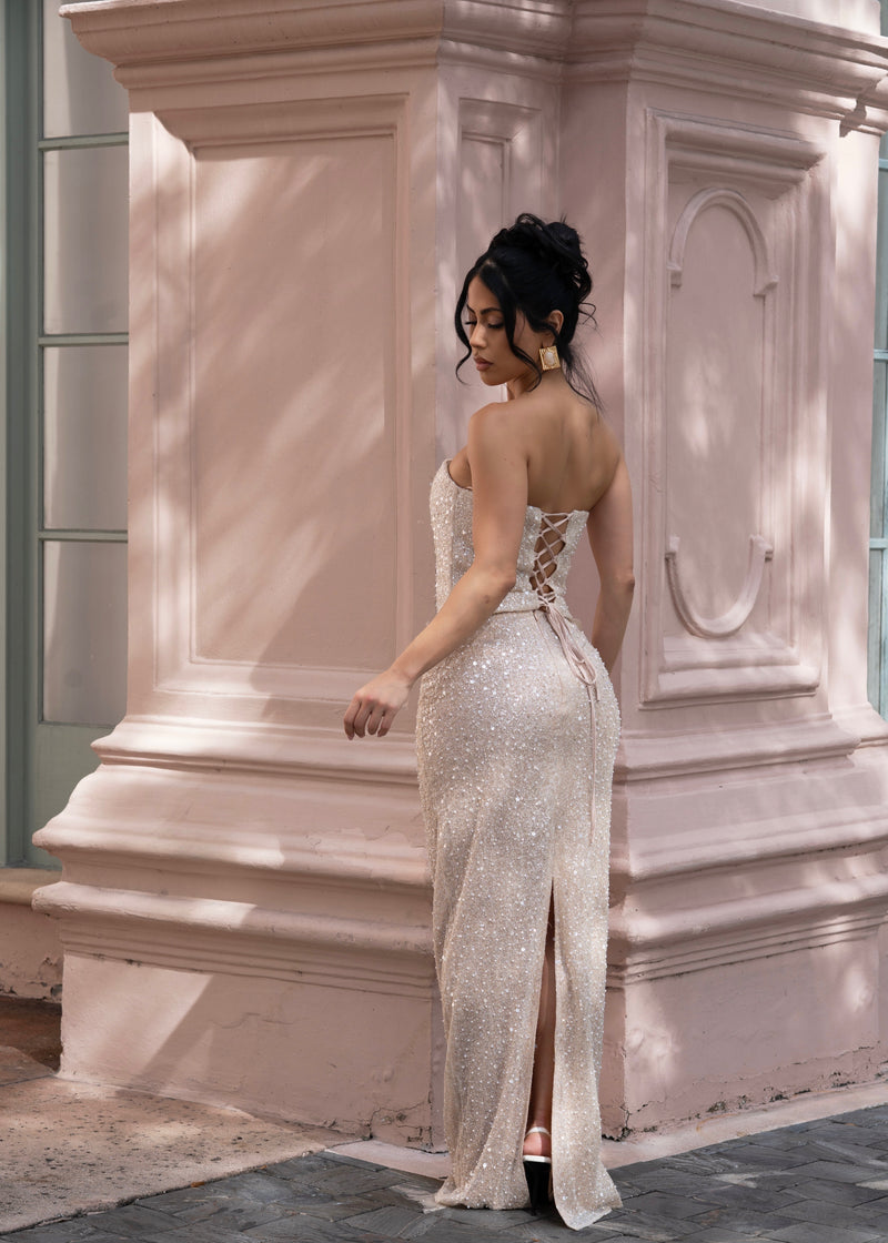 Dreamline Gleam Sequin Pearl Skirt Set Nude