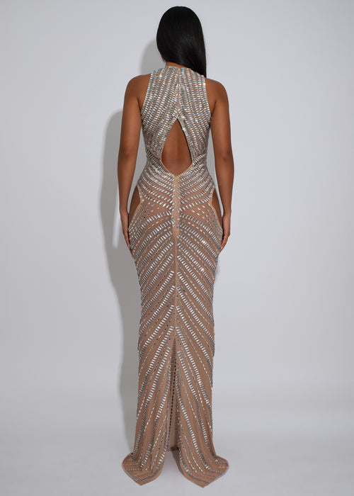 Starlight Veil Mesh Rhinestone Maxi Dress Nude