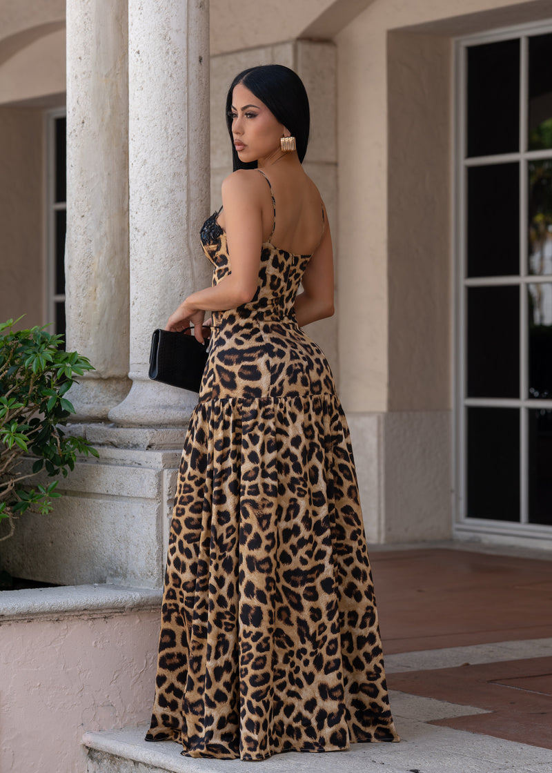 Instinctive Muse Leopard Sequin Maxi Dress Brown