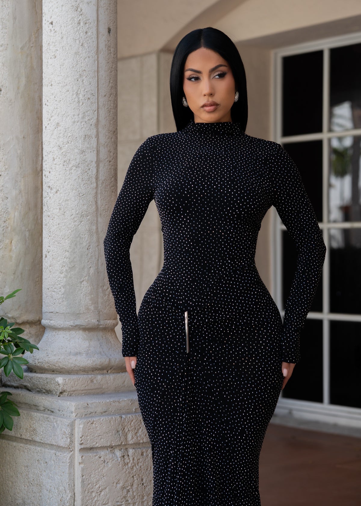 Midnight Allure Rhinestone Maxi Dress Black
