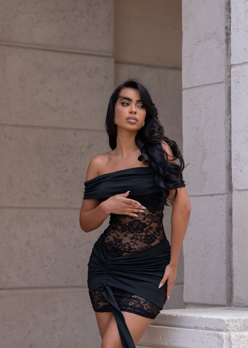 Match My Energy Ruched Lace Mini Dress Black