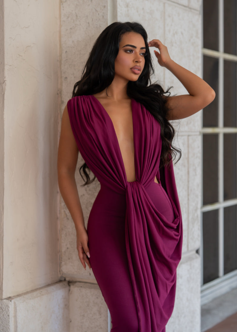 Undone Desire Ruched Midi Dress Burgundy
