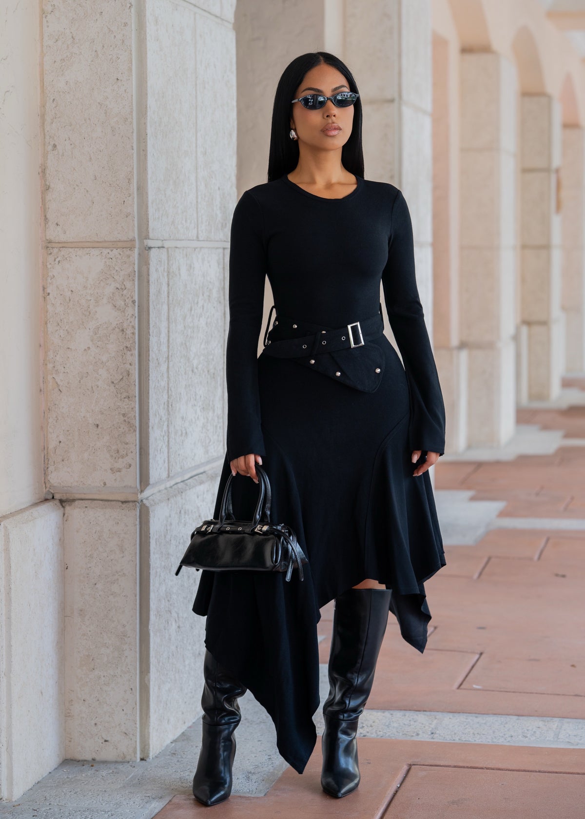 Modern Rebel Belted Midi Dress Black