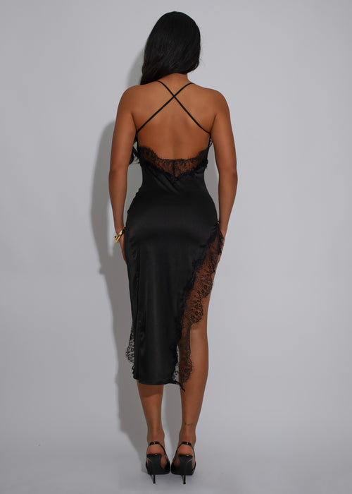 Shadow Rhapsody Satin Lace Midi Dress Black