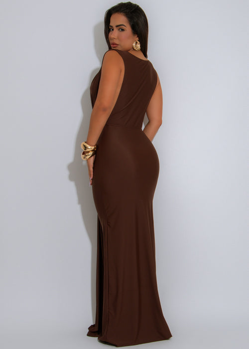 Goddess Gravity Ruched Maxi Dress Brown