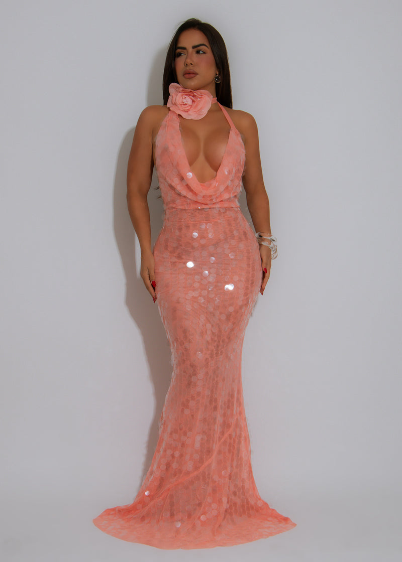 Ocean Siren Sequin Floral Mesh Maxi Dress Orange