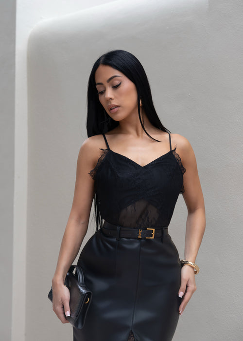 Lace Enigma Faux Leather Midi Dress Black