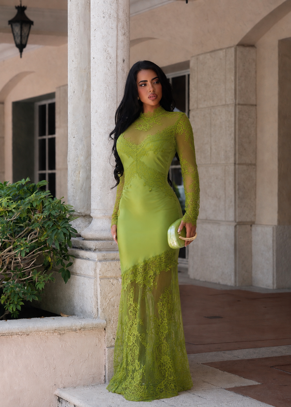 Sweetest Temptation Lace Satin Maxi Dress Green
