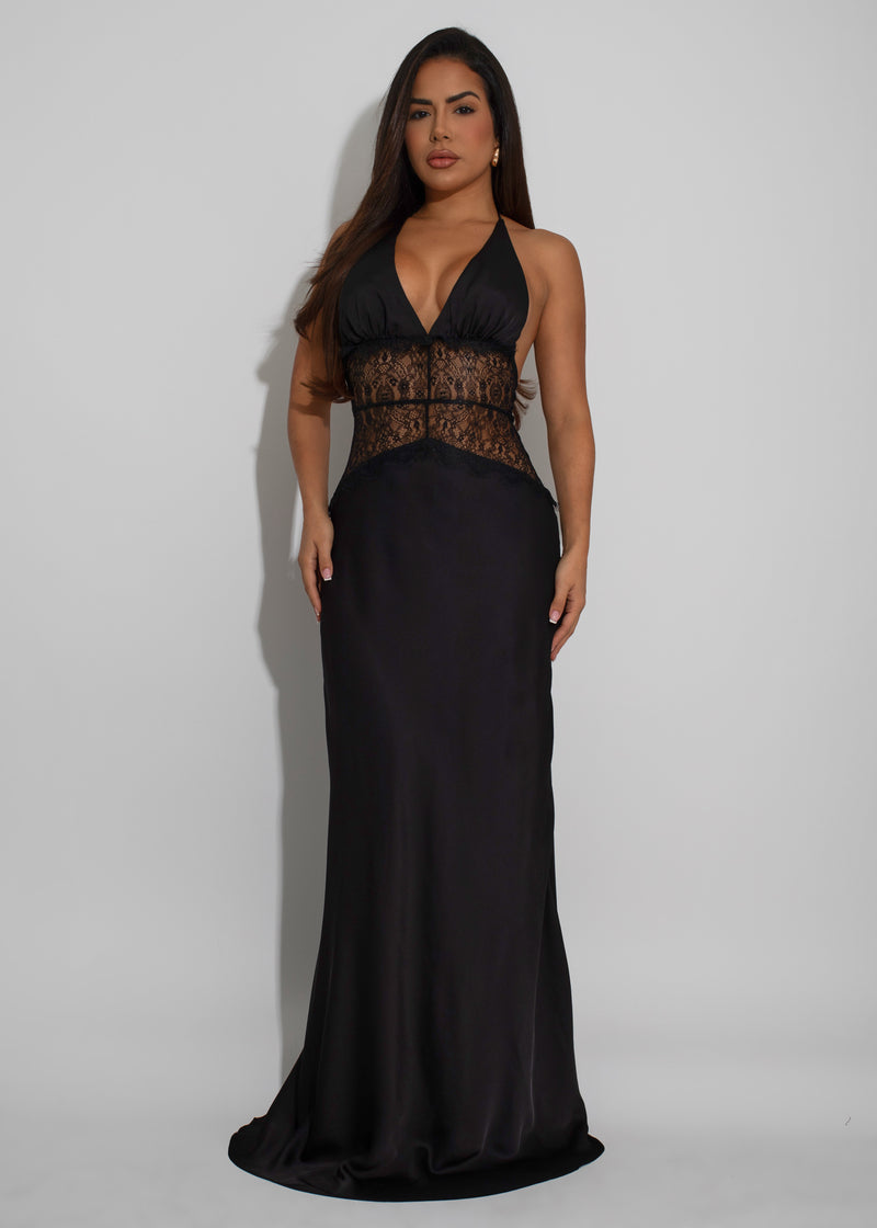 Moonlit Desire Satin Lace Maxi Dress Black